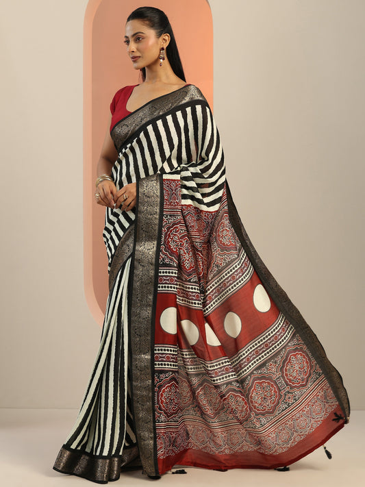Black Printed Silk Blend Saree With Unstitched Blouse Piece