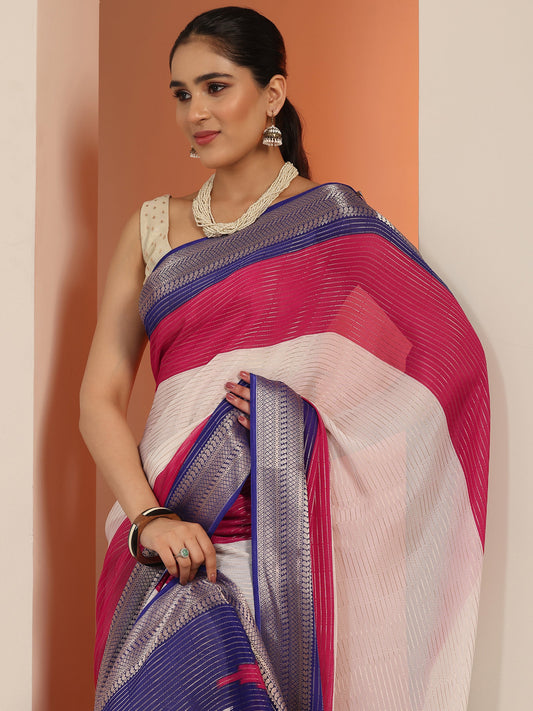 Off white Solid Silk Blend Saree With Unstitched Blouse Piece