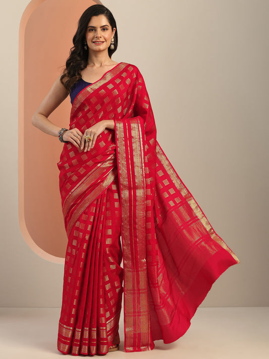 Red Woven Design Silk Blend Saree With Unstitched Blouse Piece