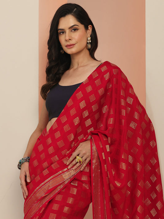 Red Woven Design Silk Blend Saree With Unstitched Blouse Piece