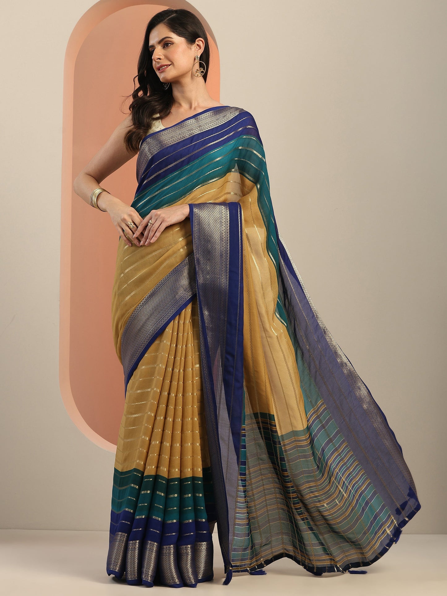 Tan Embellished Silk Blend Saree With Unstitched Blouse Piece