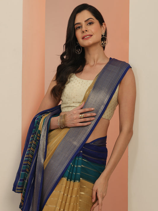 Tan Embellished Silk Blend Saree With Unstitched Blouse Piece