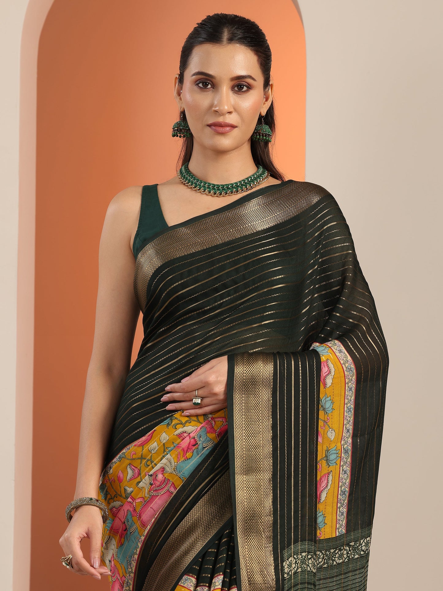Multi Printed Silk Blend Saree With Unstitched Blouse Piece