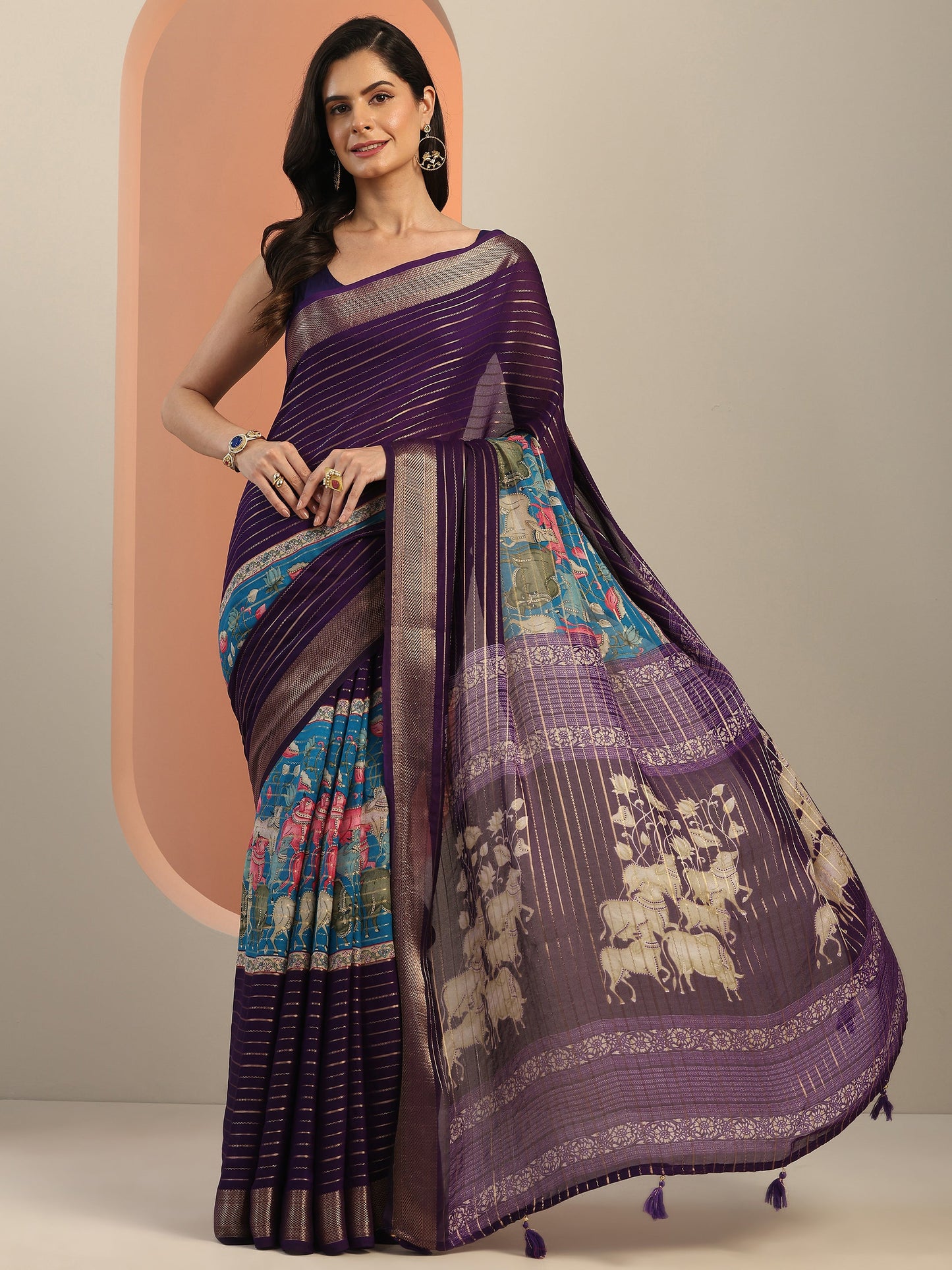 Multi Printed Silk Blend Saree With Unstitched Blouse Piece