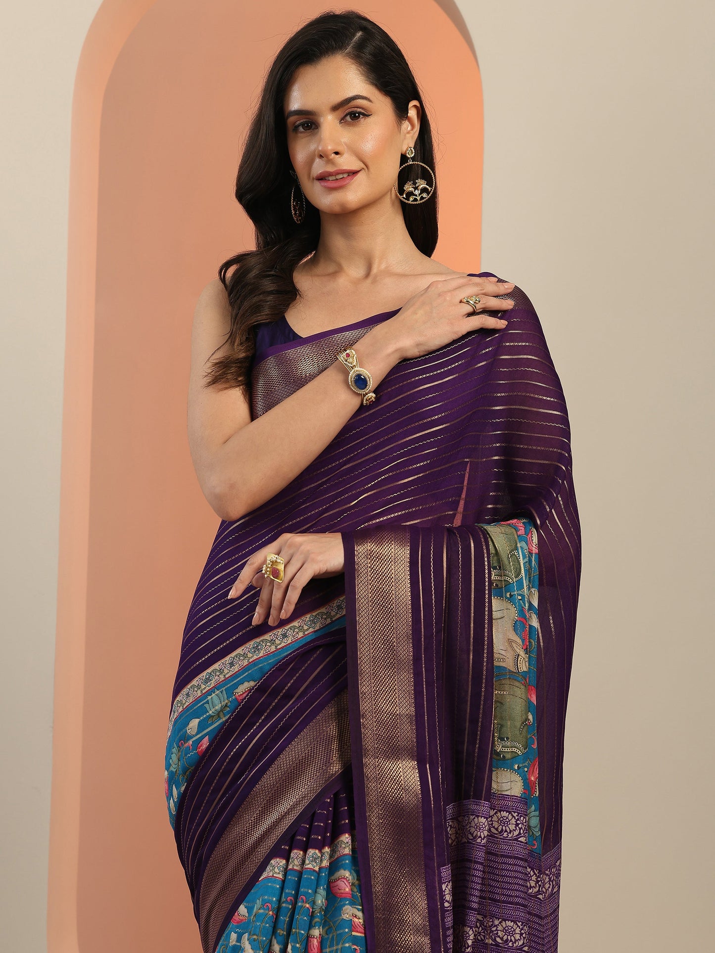 Multi Printed Silk Blend Saree With Unstitched Blouse Piece
