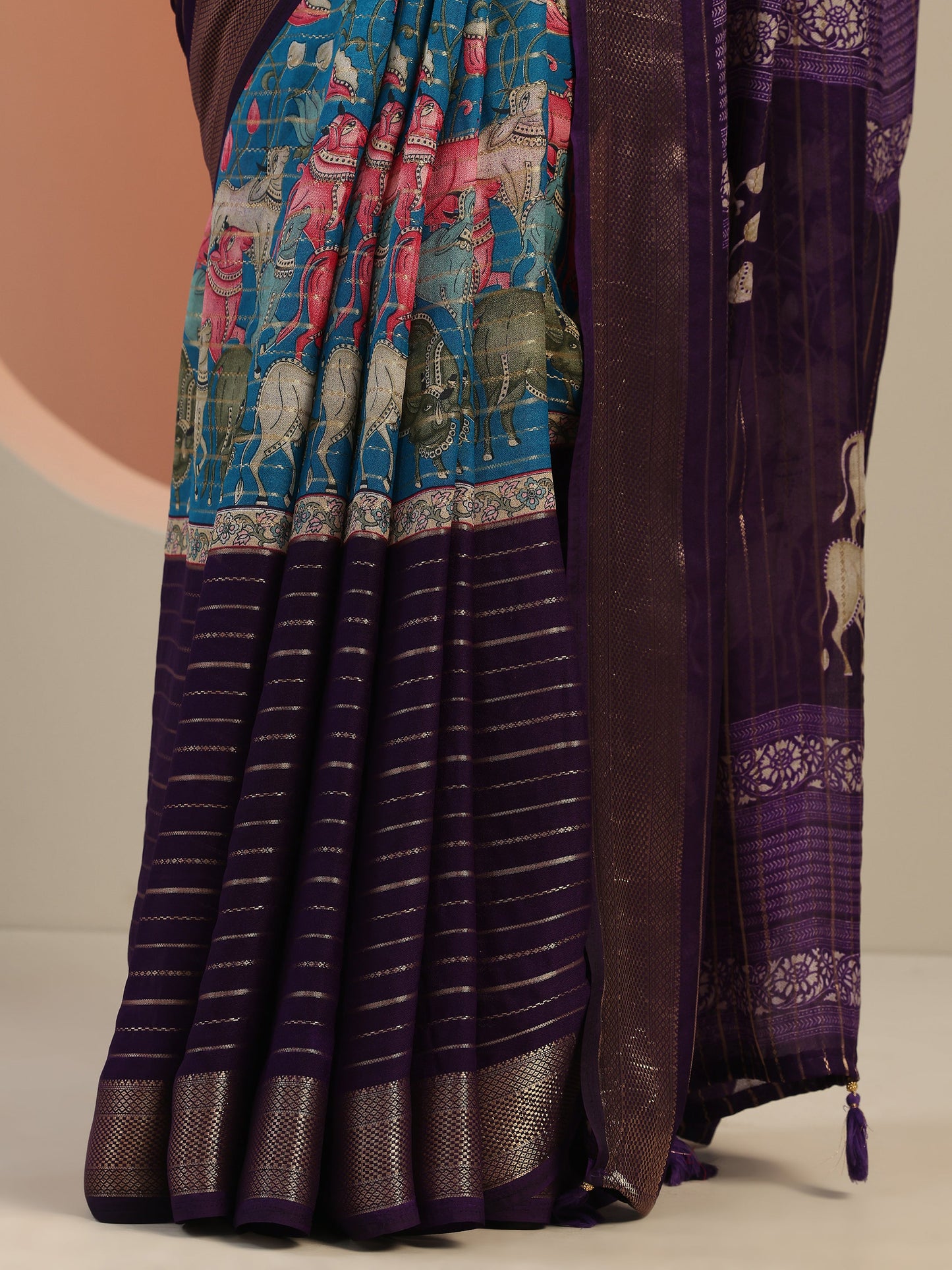 Multi Printed Silk Blend Saree With Unstitched Blouse Piece