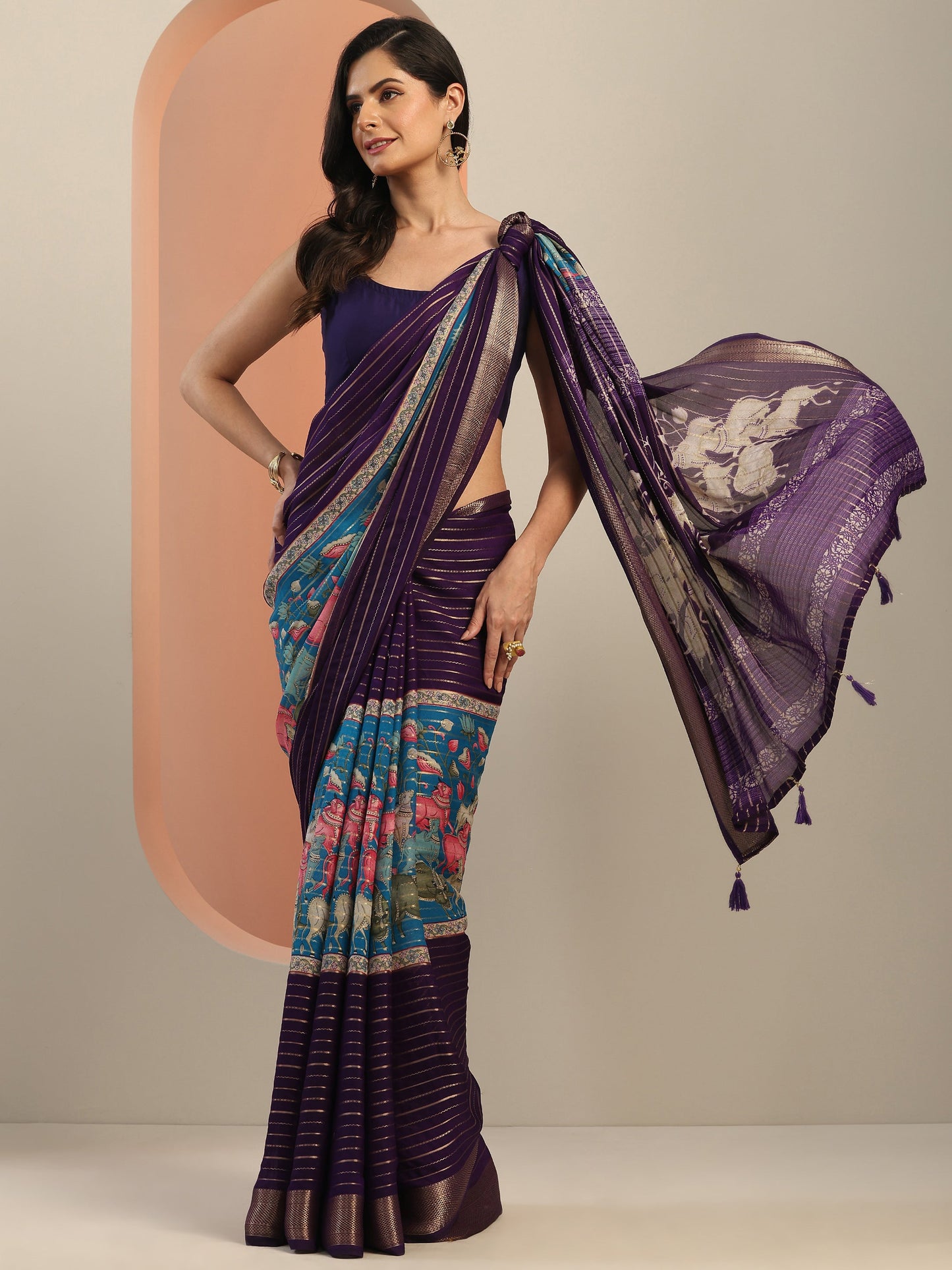 Multi Printed Silk Blend Saree With Unstitched Blouse Piece