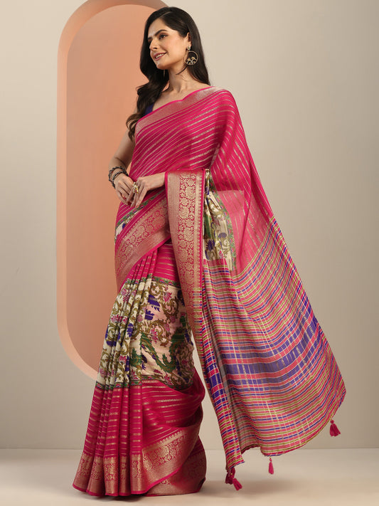 Multi Printed Silk Blend Saree With Unstitched Blouse Piece