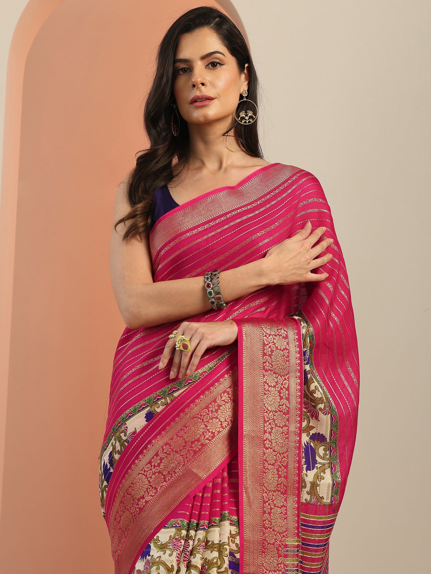 Multi Printed Silk Blend Saree With Unstitched Blouse Piece