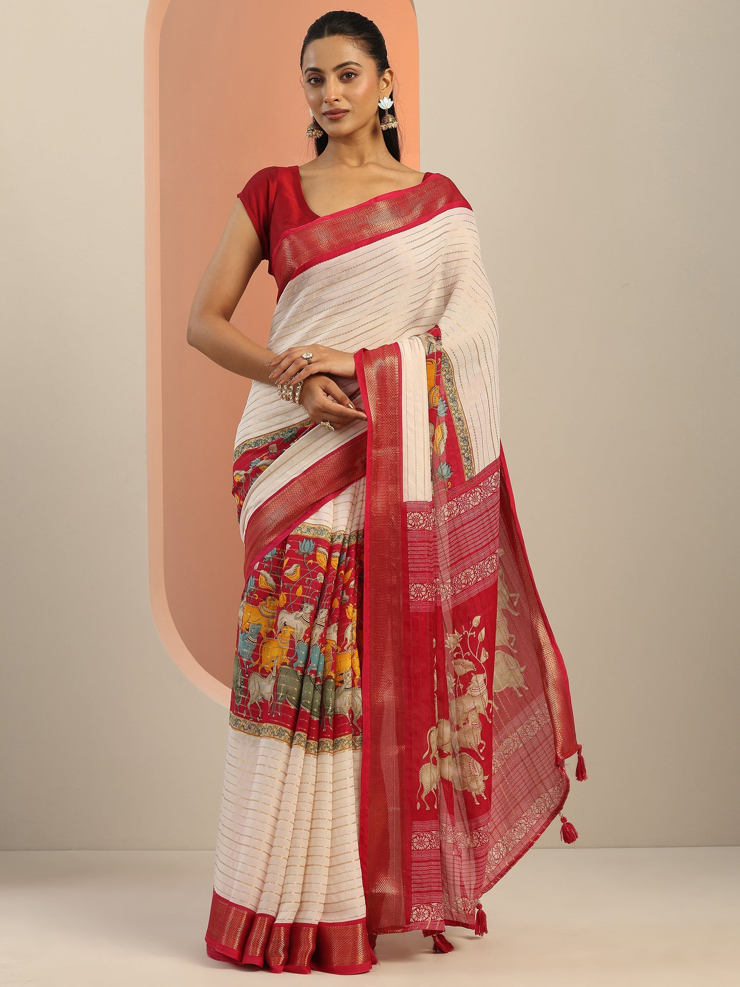Pink Printed Silk Blend Saree With Unstitched Blouse Piece