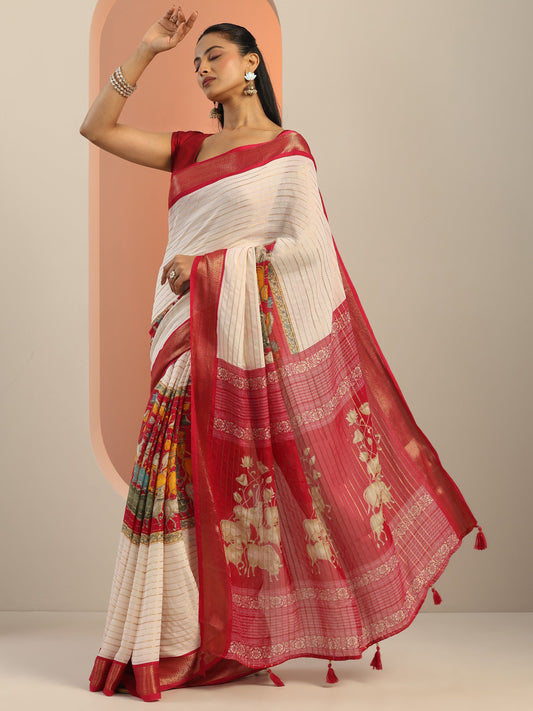 Pink Printed Silk Blend Saree With Unstitched Blouse Piece