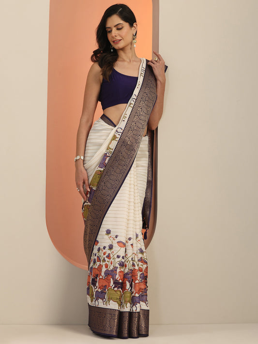 Off White Kalamkari Printed Silk Blend Saree With Unstitched Blouse Piece