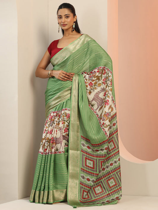 Multi Printed Crepe Saree With Unstitched Blouse Piece