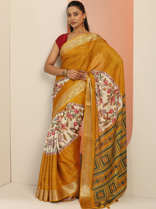 Multi Printed Crepe Saree With Unstitched Blouse Piece