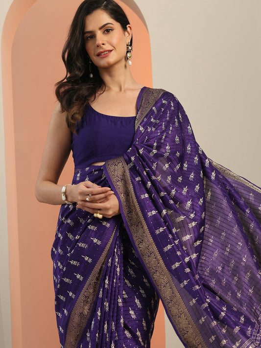 Purple Printed Silk Blend Saree With Unstitched Blouse Piece
