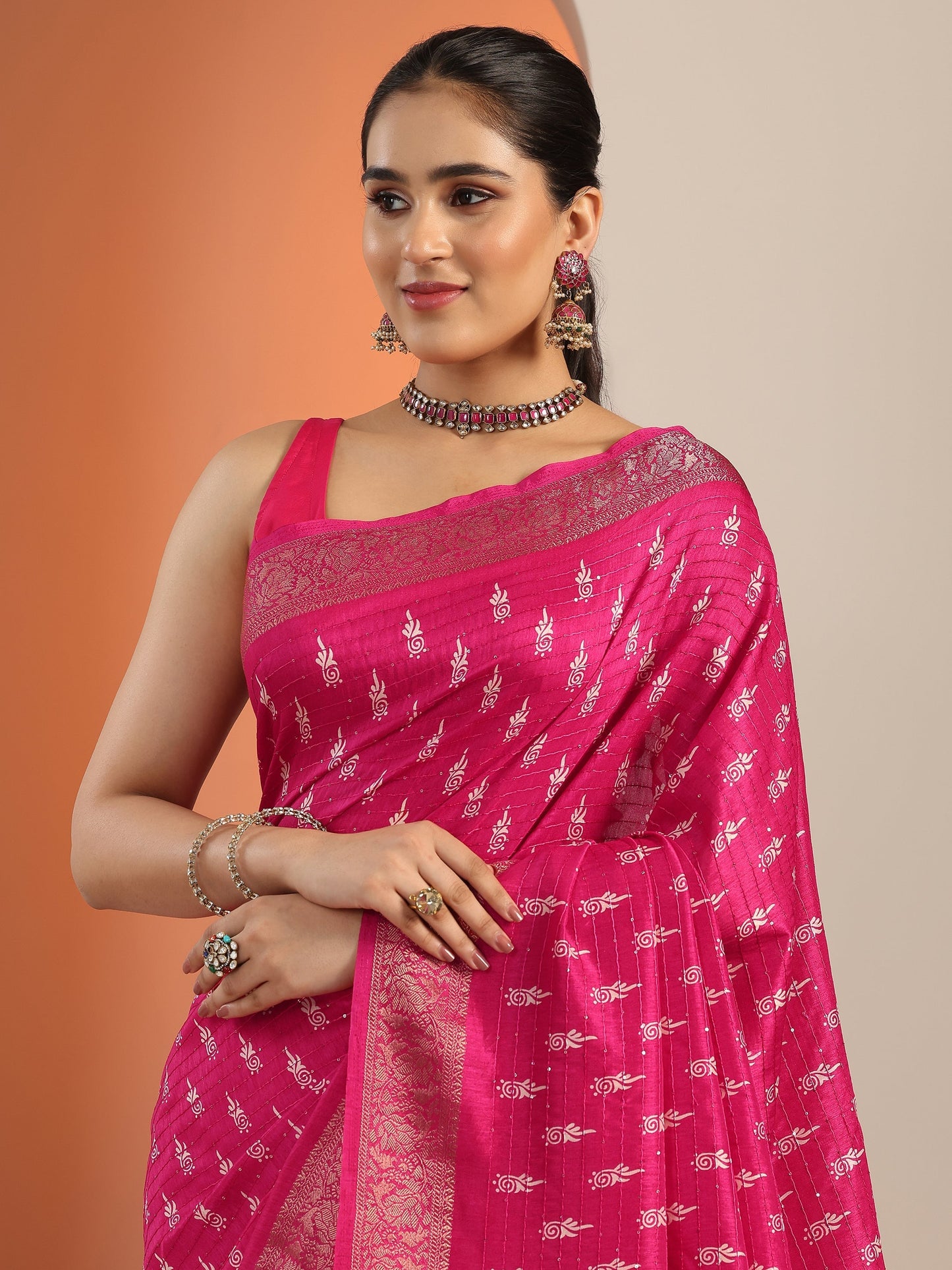 Pink Printed Silk Blend Saree With Unstitched Blouse Piece