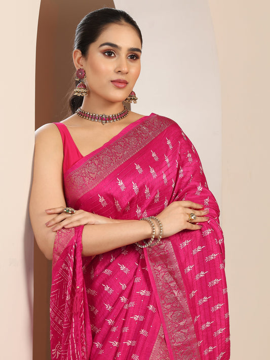 Pink Printed Silk Blend Saree With Unstitched Blouse Piece