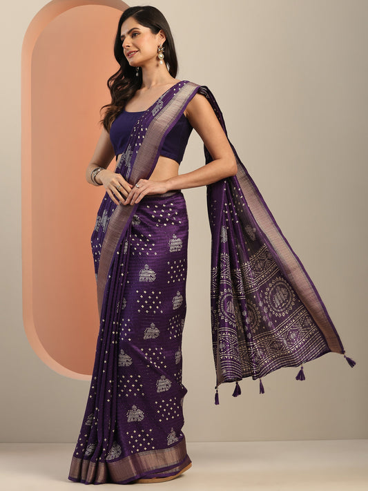 Purple Printed Silk Blend Saree With Unstitched Blouse Piece