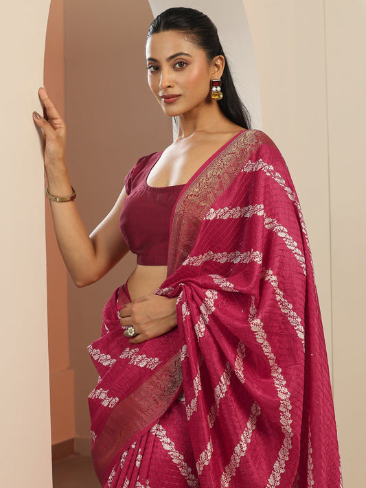 Pink Printed Silk Blend Saree With Unstitched Blouse Piece