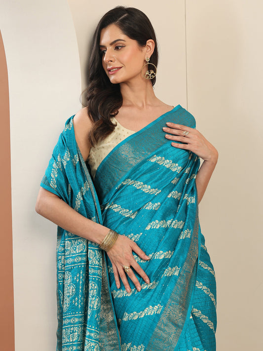 Blue Printed Silk Blend Saree With Unstitched Blouse Piece