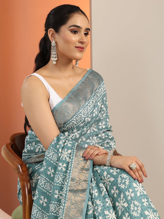 Blue Printed Silk Blend Saree With Unstitched Blouse Piece