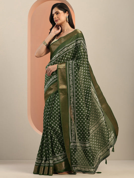 Green Printed Silk Blend Saree With Unstitched Blouse Piece