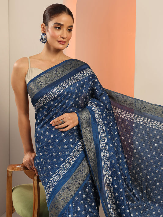 Navy Blue Printed Silk Saree With Unstitched Blouse Piece