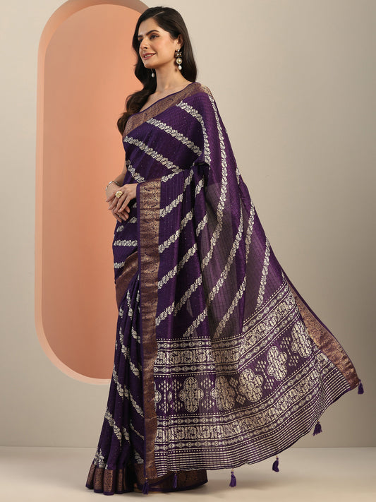 Purple Printed Silk Blend Saree With Unstitched Blouse Piece