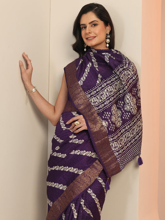 Purple Printed Silk Blend Saree With Unstitched Blouse Piece