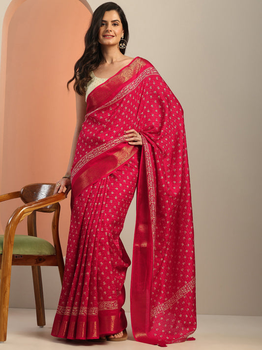Pink Printed Silk Blend Saree With Unstitched Blouse Piece