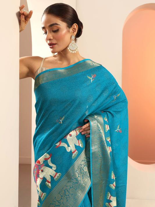 Blue Printed Georgette Saree With Unstitched Blouse Piece
