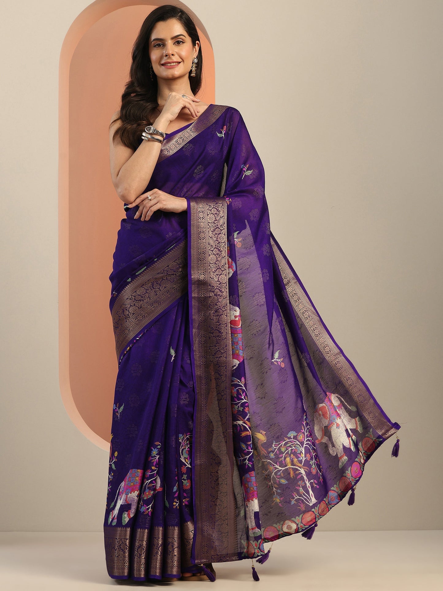 Purple Printed Georgette Saree With Unstitched Blouse Piece