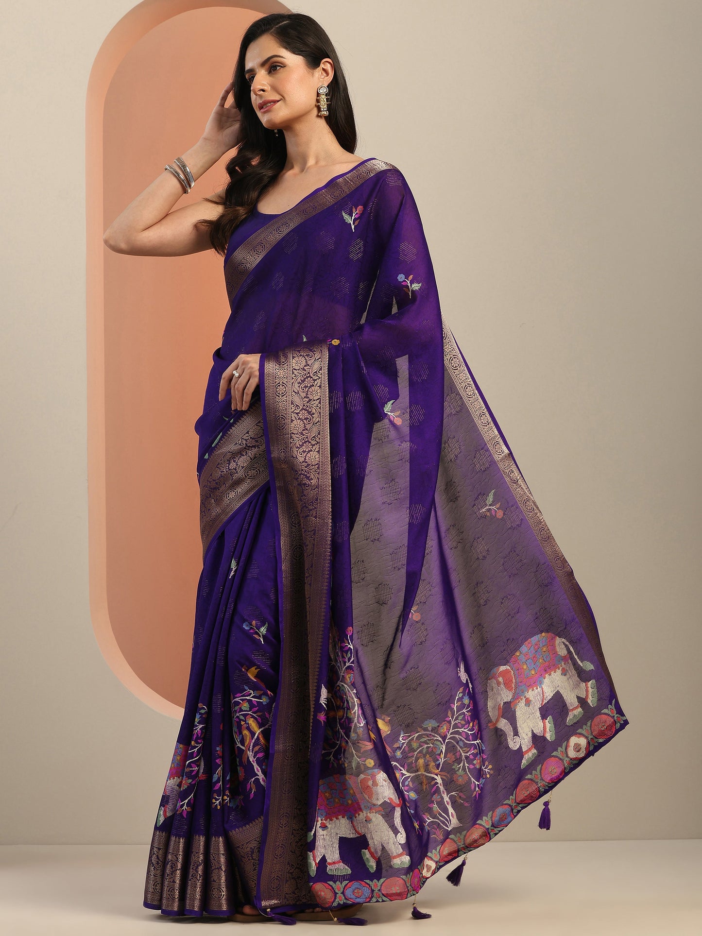 Purple Printed Georgette Saree With Unstitched Blouse Piece