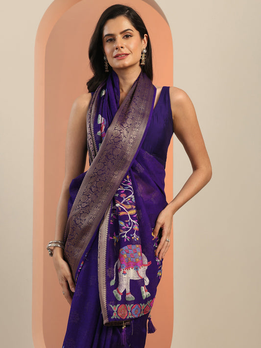 Purple Printed Georgette Saree With Unstitched Blouse Piece