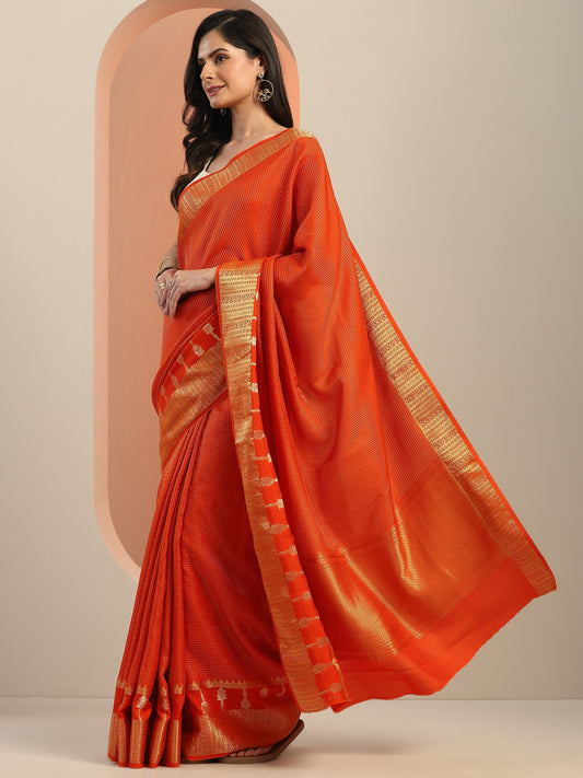 Orange Embellished Silk Blend Saree With Unstitched Blouse Piece