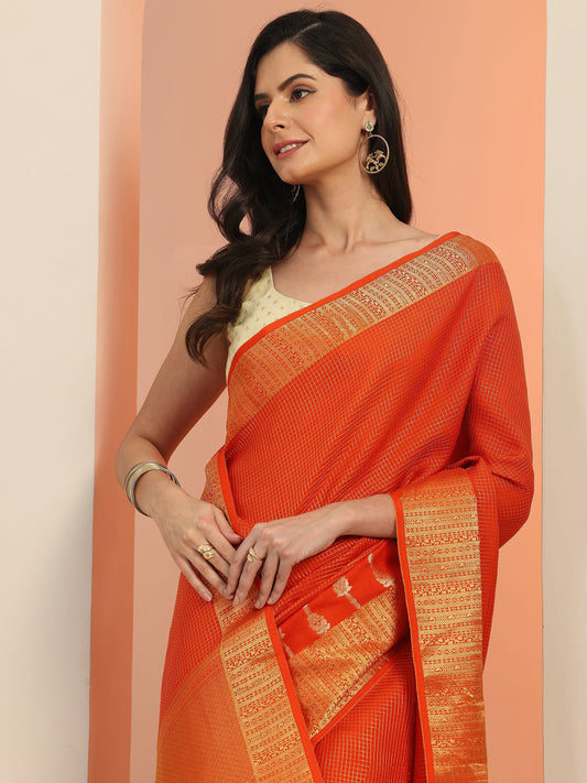 Orange Embellished Silk Blend Saree With Unstitched Blouse Piece