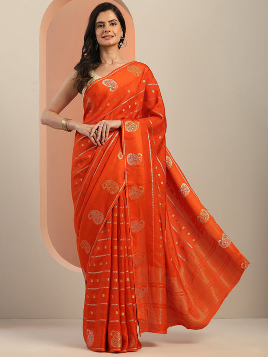 Orange Woven Design Silk Blend Saree With Unstitched Blouse Piece