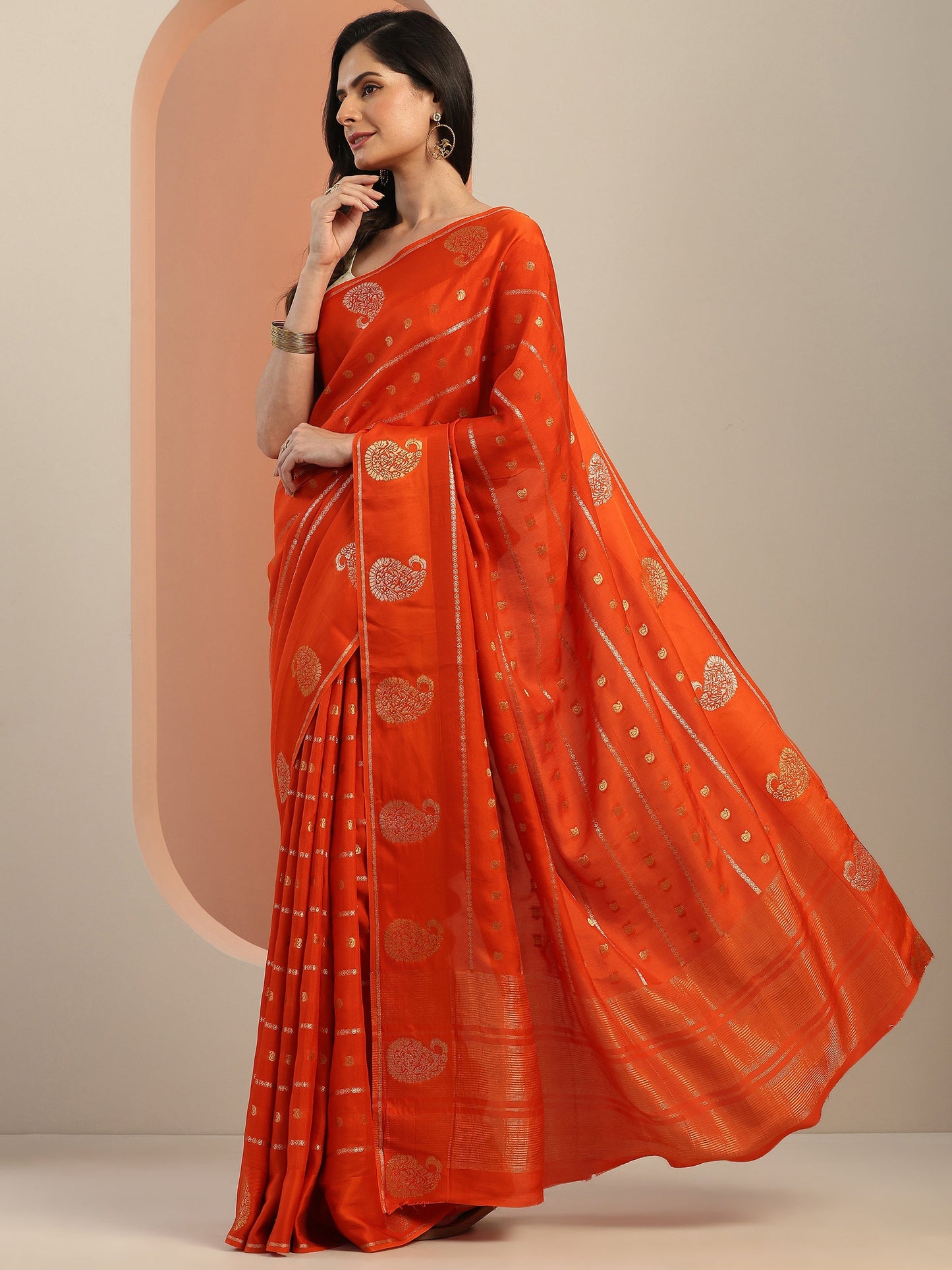 Orange Woven Design Silk Blend Saree With Unstitched Blouse Piece