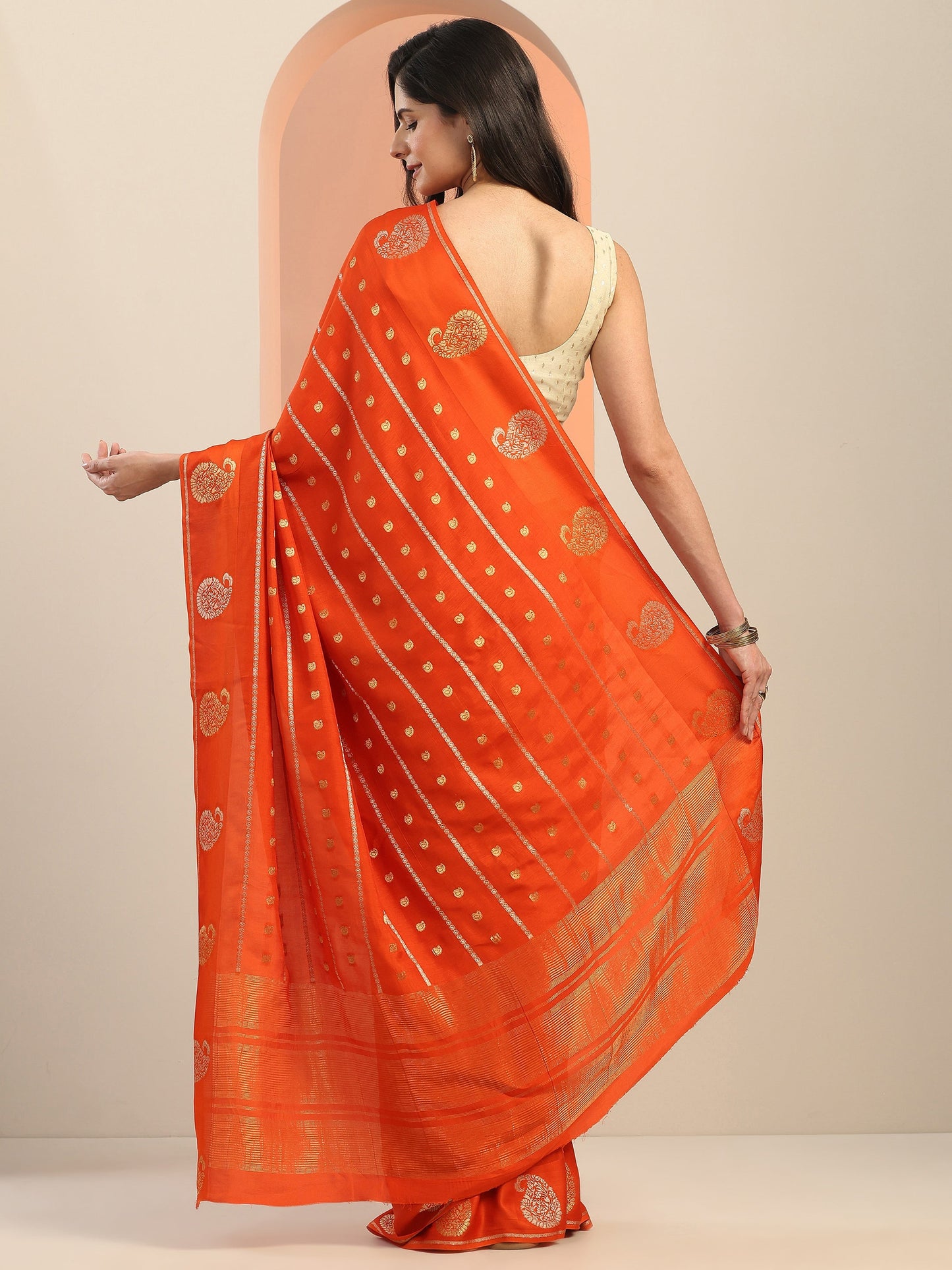 Orange Woven Design Silk Blend Saree With Unstitched Blouse Piece