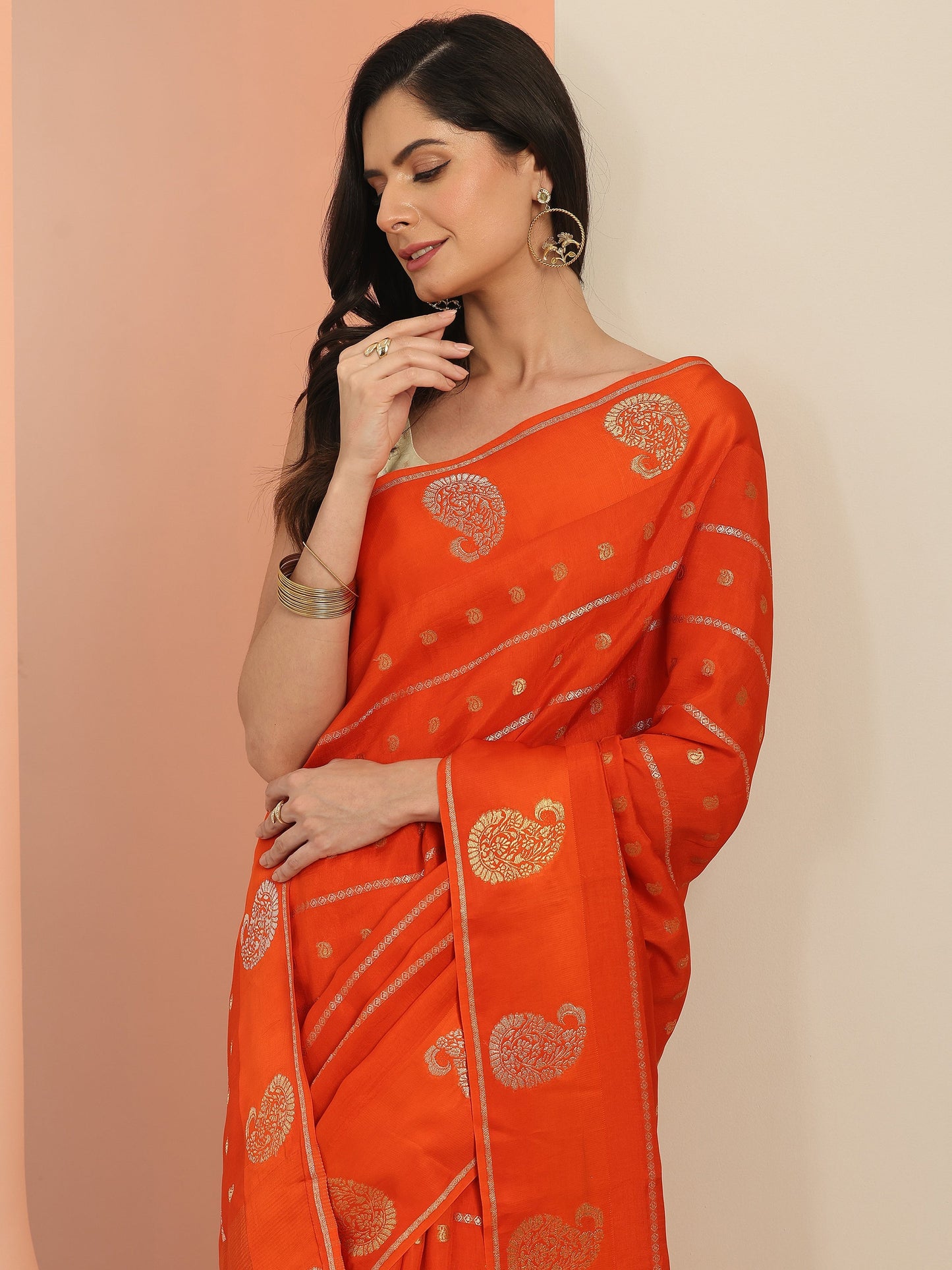 Orange Woven Design Silk Blend Saree With Unstitched Blouse Piece
