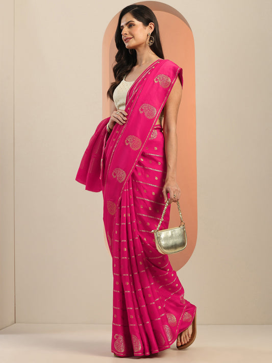 Pink Woven Design Silk Blend Saree With Unstitched Blouse Piece