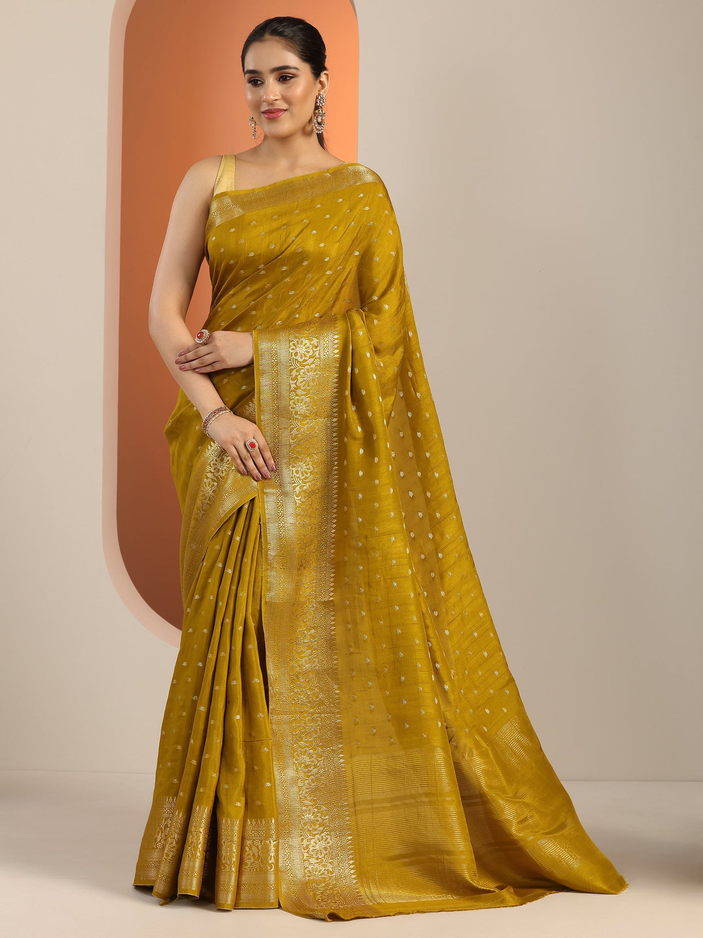 Olive Woven Design Silk Blend Saree With Unstitched Blouse Piece