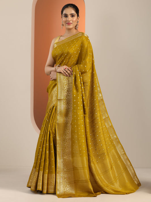 Olive Woven Design Silk Blend Saree With Unstitched Blouse Piece
