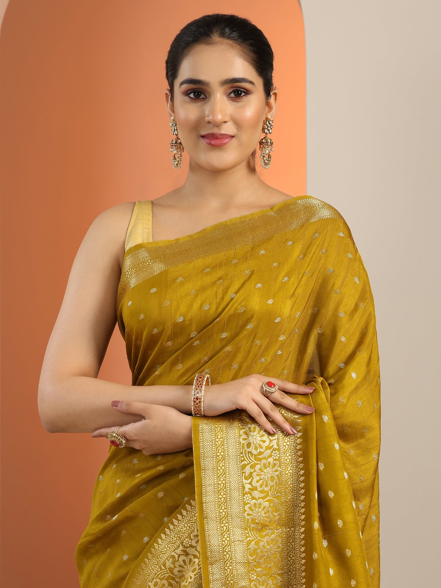 Olive Woven Design Silk Blend Saree With Unstitched Blouse Piece