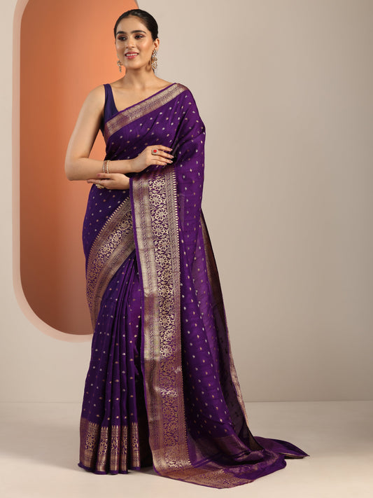 Purple Woven Design Silk Blend Saree With Unstitched Blouse Piece