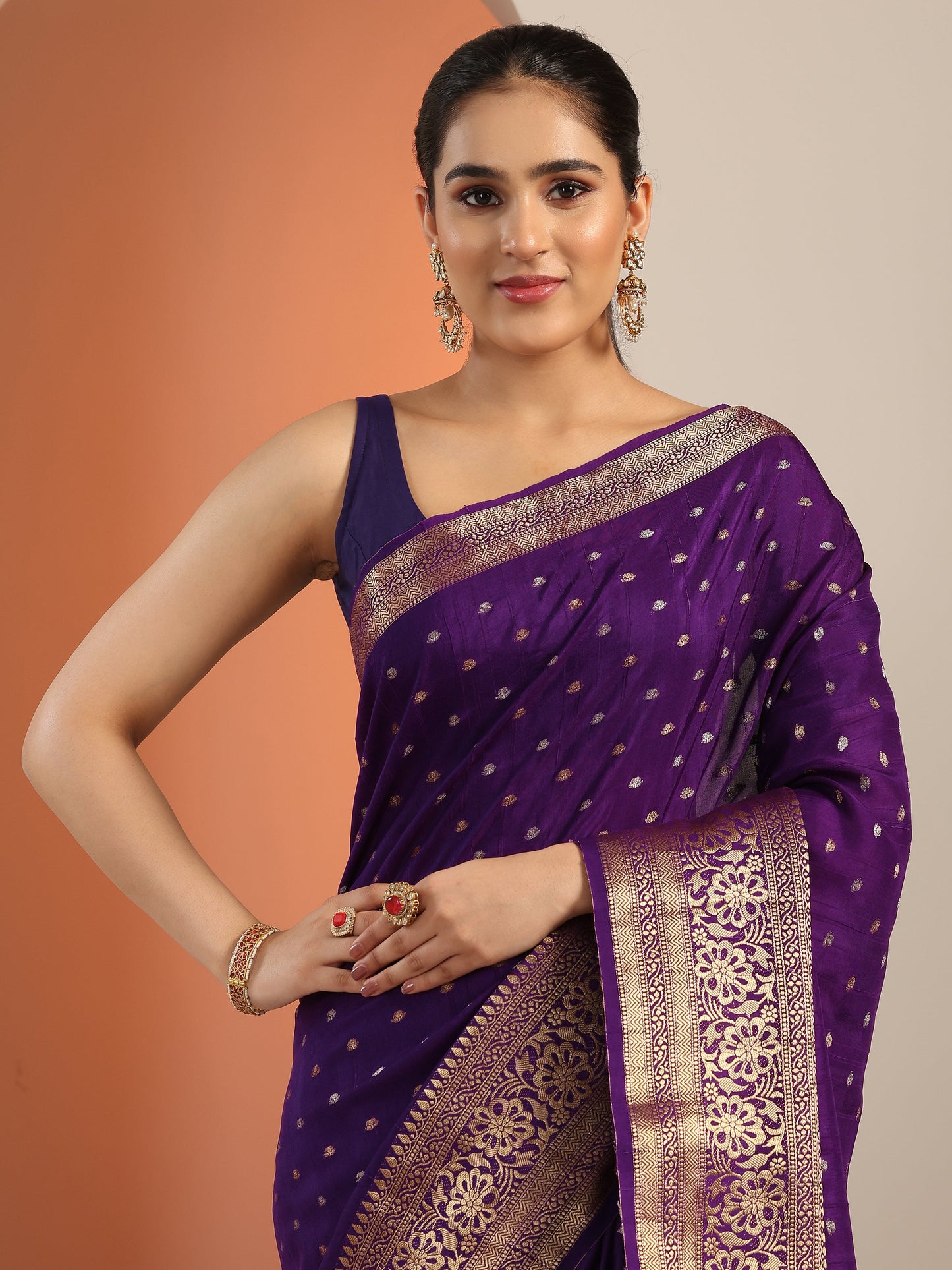 Purple Woven Design Silk Blend Saree With Unstitched Blouse Piece