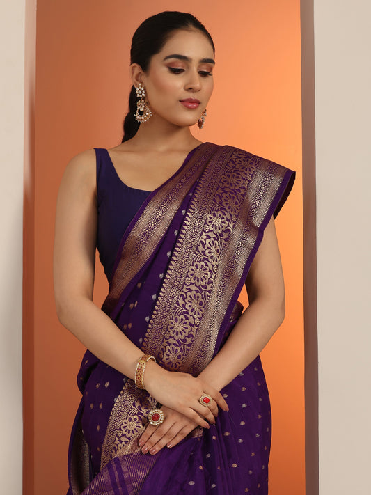 Purple Woven Design Silk Blend Saree With Unstitched Blouse Piece