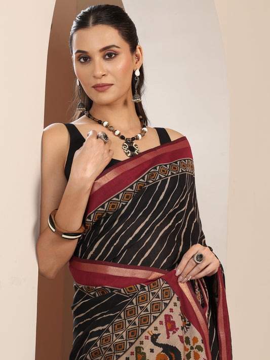 Black Printed Cotton Blend Saree With Unstitched Blouse Piece