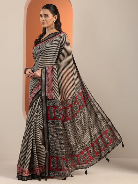 Black Printed Cotton Blend Saree With Unstitched Blouse Piece