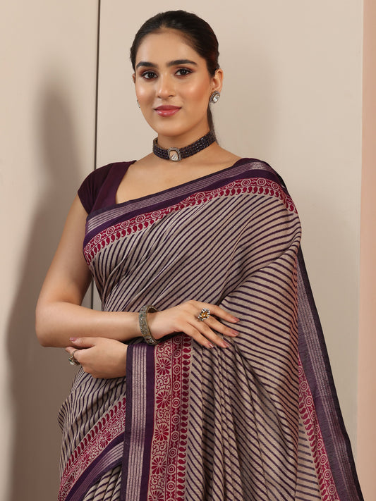 Purple Printed Cotton Blend Saree With Unstitched Blouse Piece